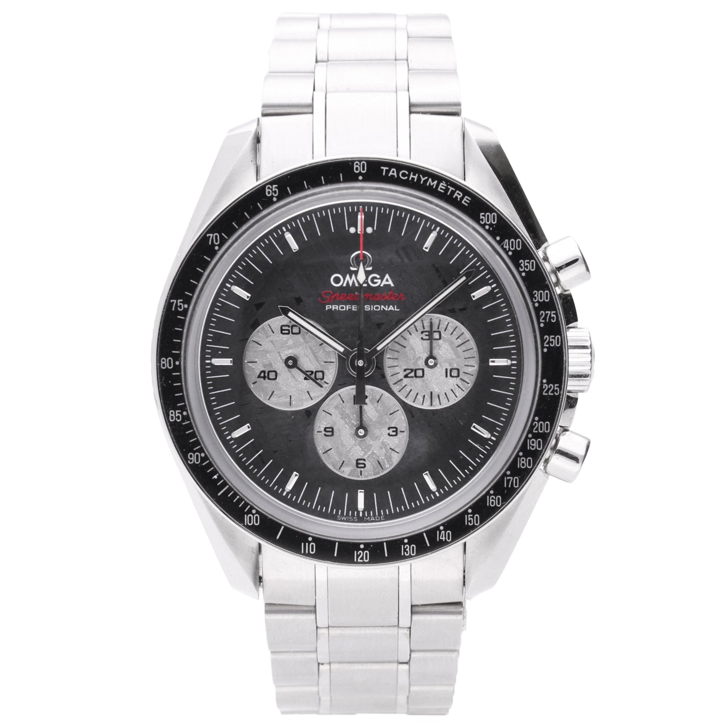 Stainless steel OMEGA 'Apollo Soyuz' Speedmaster wristwatch with meteorite dial (Limited edition 1933/1975). Made 2011
