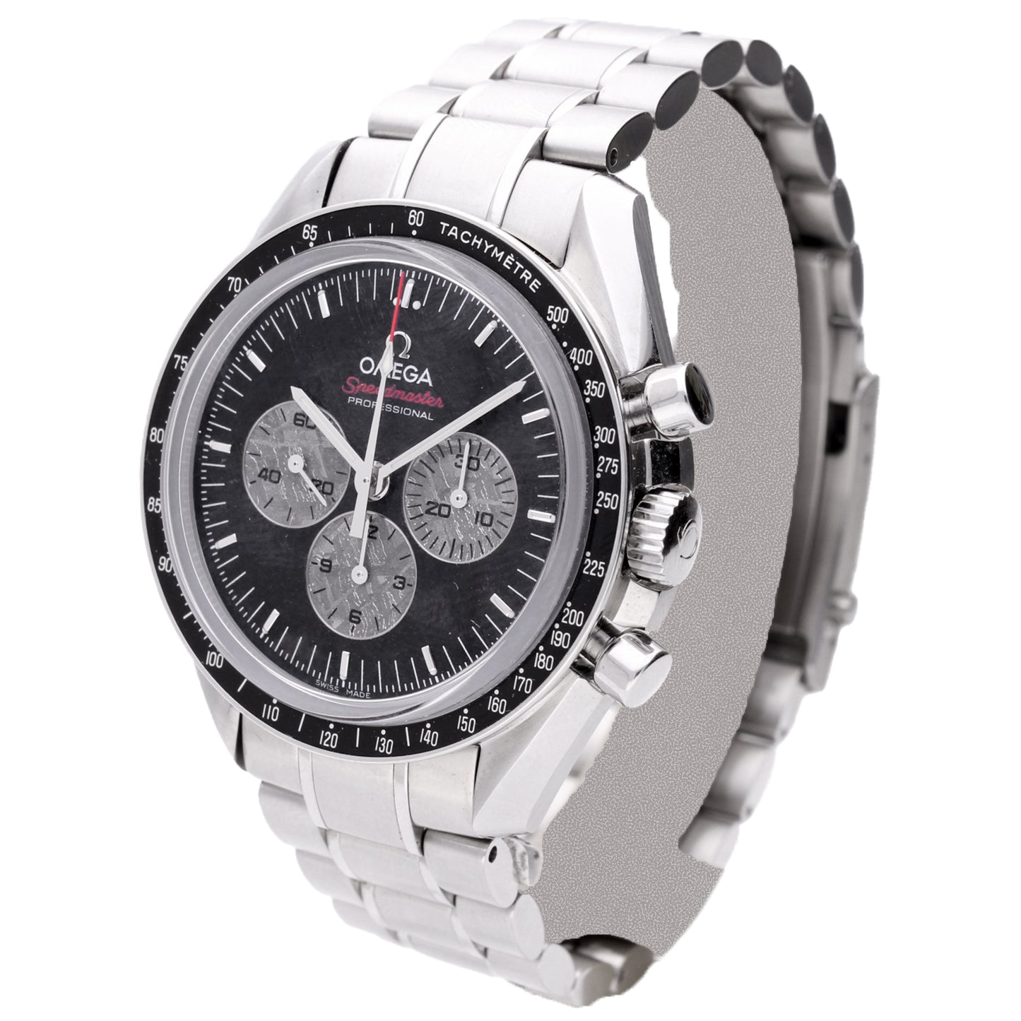 Stainless steel OMEGA 'Apollo Soyuz' Speedmaster wristwatch with meteorite dial (Limited edition 1933/1975). Made 2011