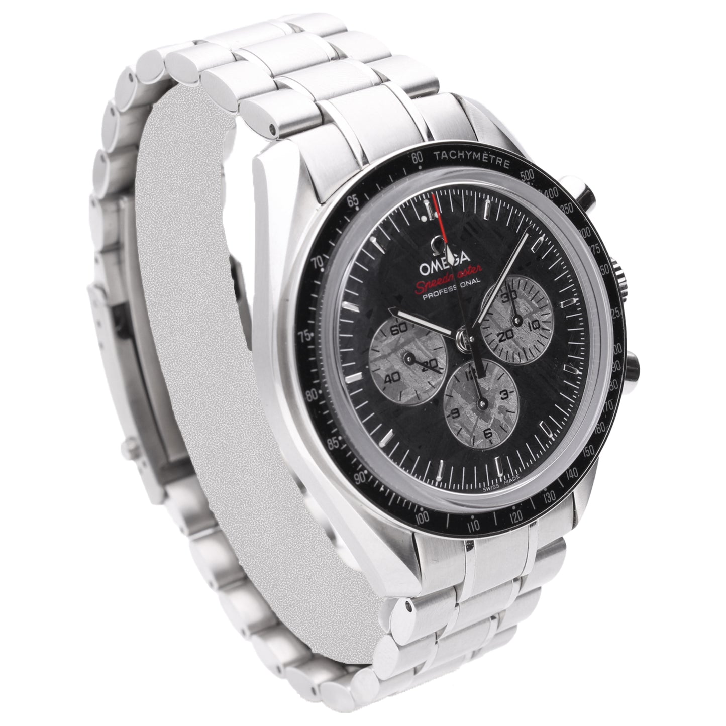 Stainless steel OMEGA 'Apollo Soyuz' Speedmaster wristwatch with meteorite dial (Limited edition 1933/1975). Made 2011