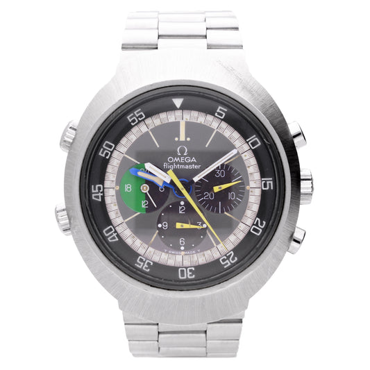 Stainless steel OMEGA 2nd Generation Flightmaster chronograph wristwatch. Made 1971