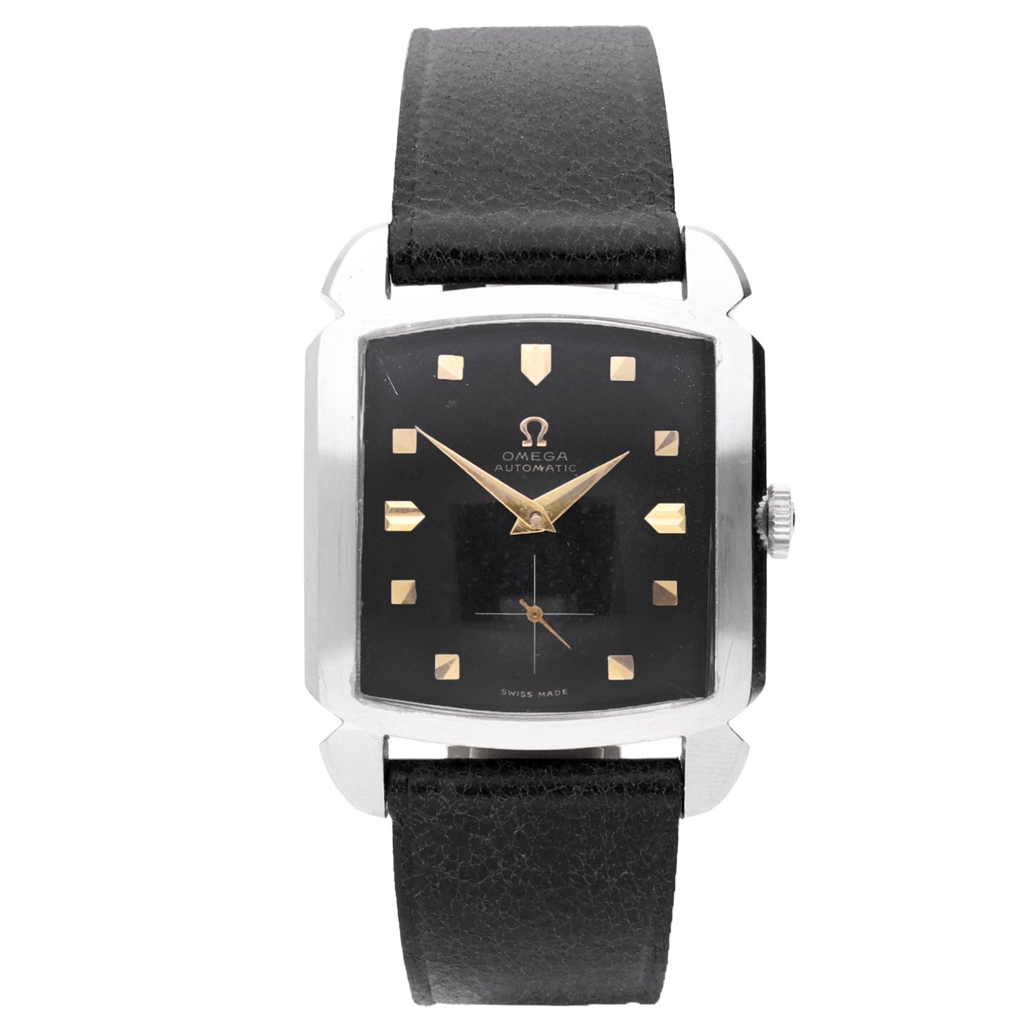Stainless steel OMEGA 'Carré' wristwatch with black dial. Made 1953