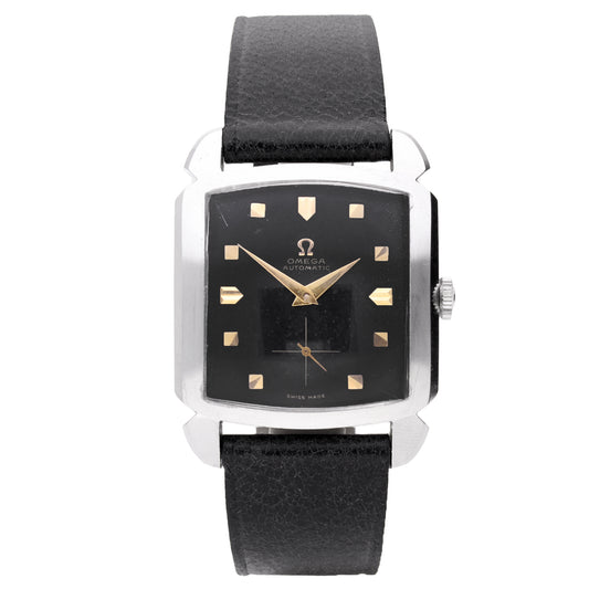 Stainless steel OMEGA 'Carré' wristwatch with black dial. Made 1953