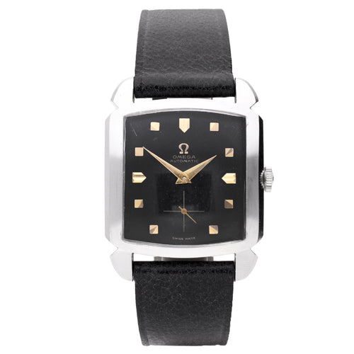 Stainless steel OMEGA 'Carré' wristwatch with black dial. Made 1953