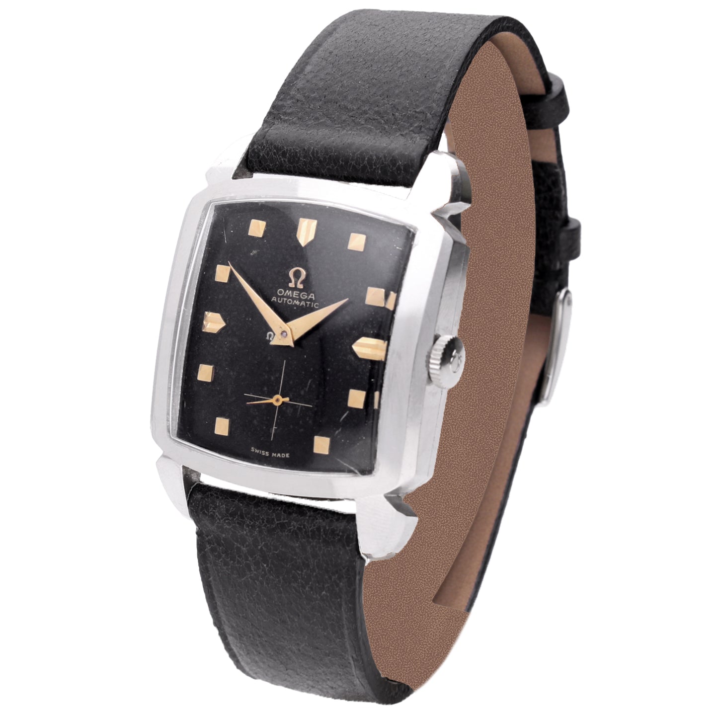 Stainless steel OMEGA 'Carré' wristwatch with black dial. Made 1953