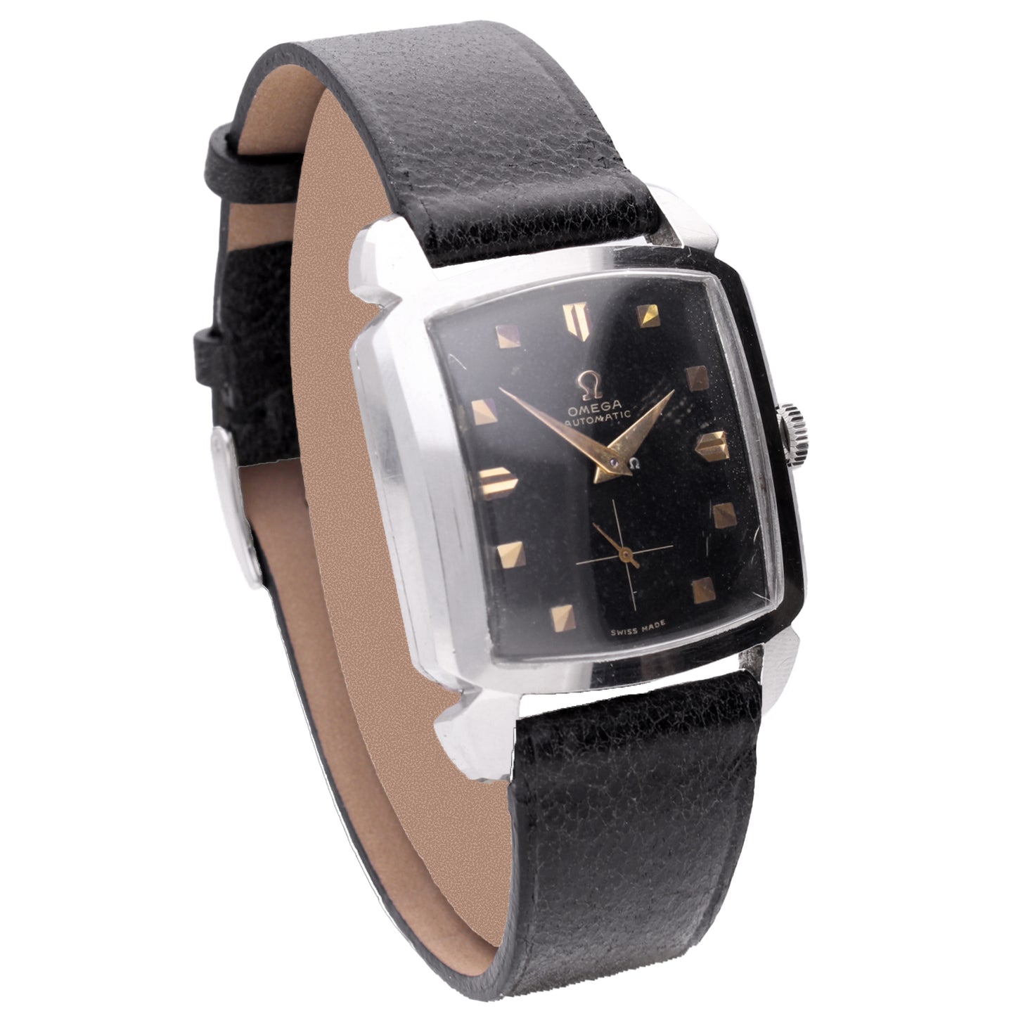 Stainless steel OMEGA 'Carré' wristwatch with black dial. Made 1953