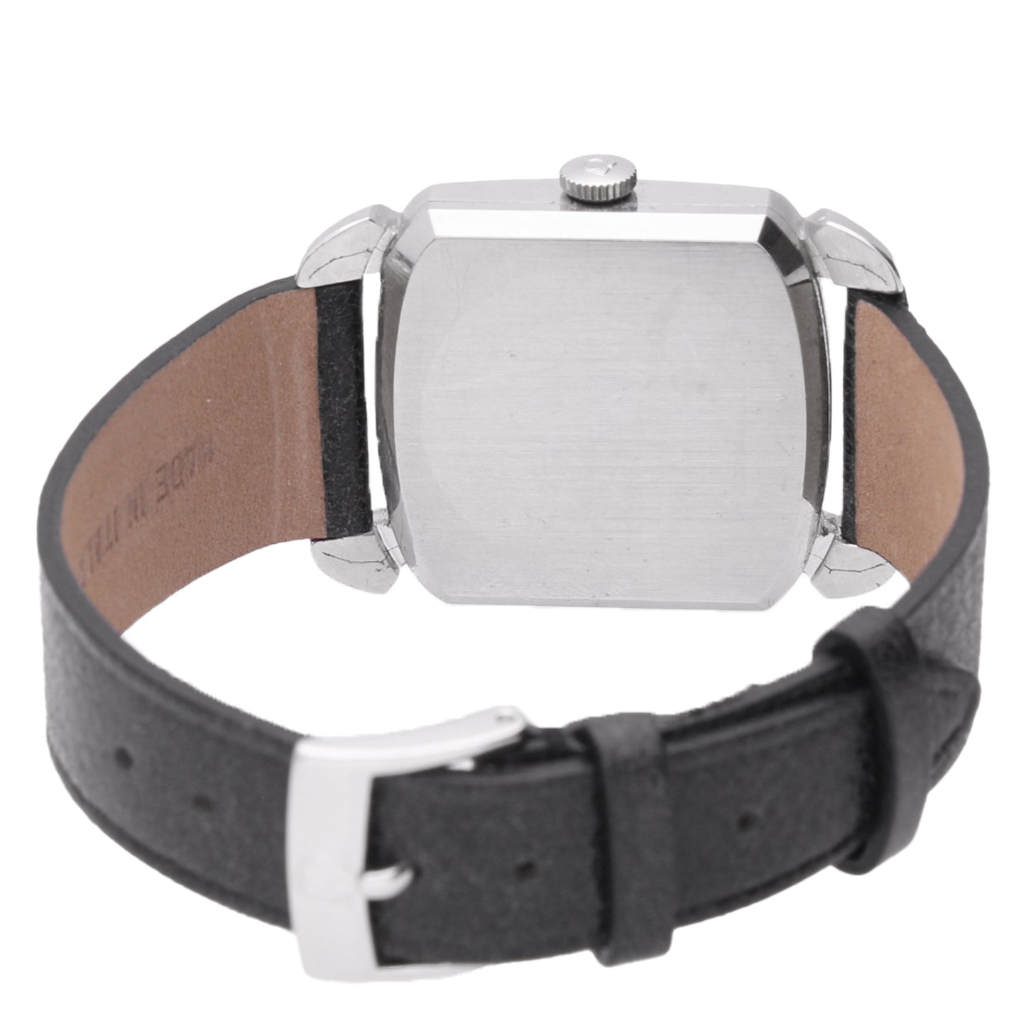Stainless steel OMEGA 'Carré' wristwatch with black dial. Made 1953