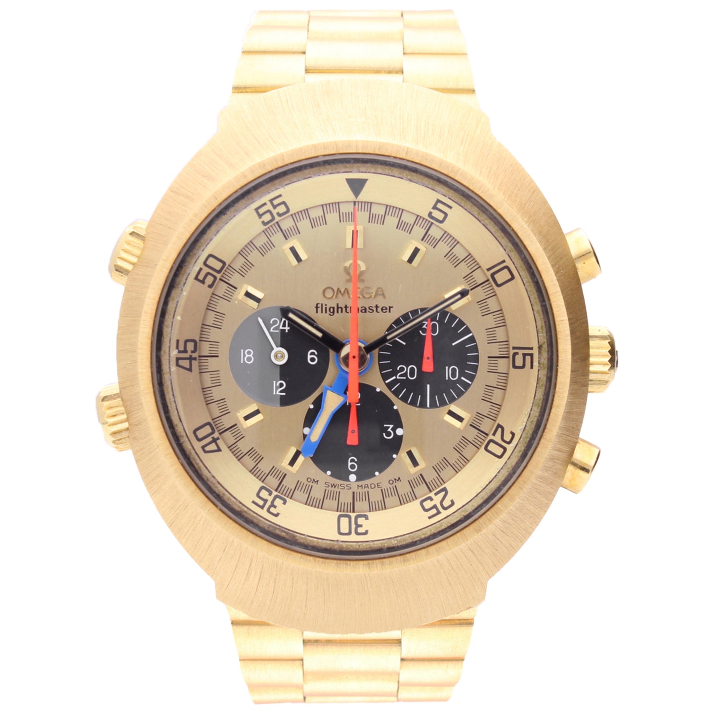 18ct yellow gold OMEGA 1st Generation Flightmaster chronograph wristwatch. Made 1971
