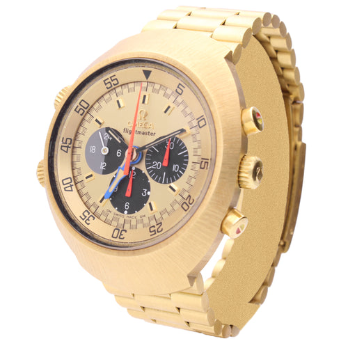 18ct yellow gold OMEGA 1st Generation Flightmaster chronograph wristwatch. Made 1971
