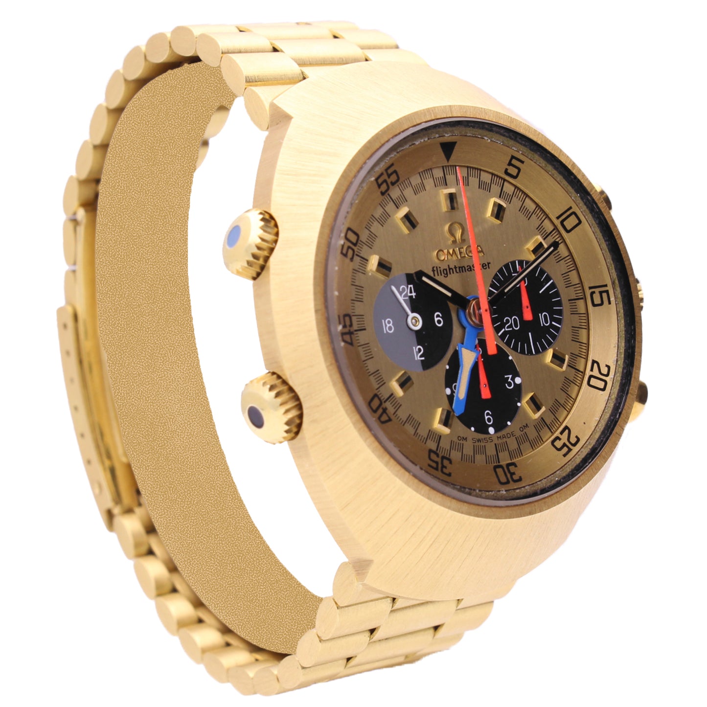 18ct yellow gold OMEGA 1st Generation Flightmaster chronograph wristwatch. Made 1971