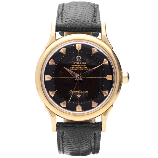 18ct yellow gold OMEGA Constellation automatic chronometer wristwatch with black dial. Made 1957