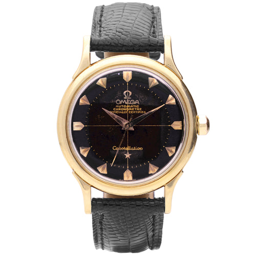 18ct yellow gold OMEGA Constellation automatic chronometer wristwatch with black dial. Made 1957