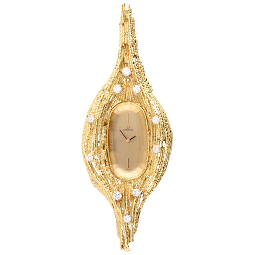 18ct yellow gold OMEGA diamond set 'Harvest' pendant watch designed by Andrew Grima. Made 1972