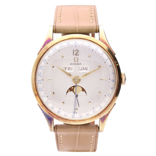 Steel & 14ct gold capped OMEGA Cosmic Triple date calendar wristwatch. Made 1952