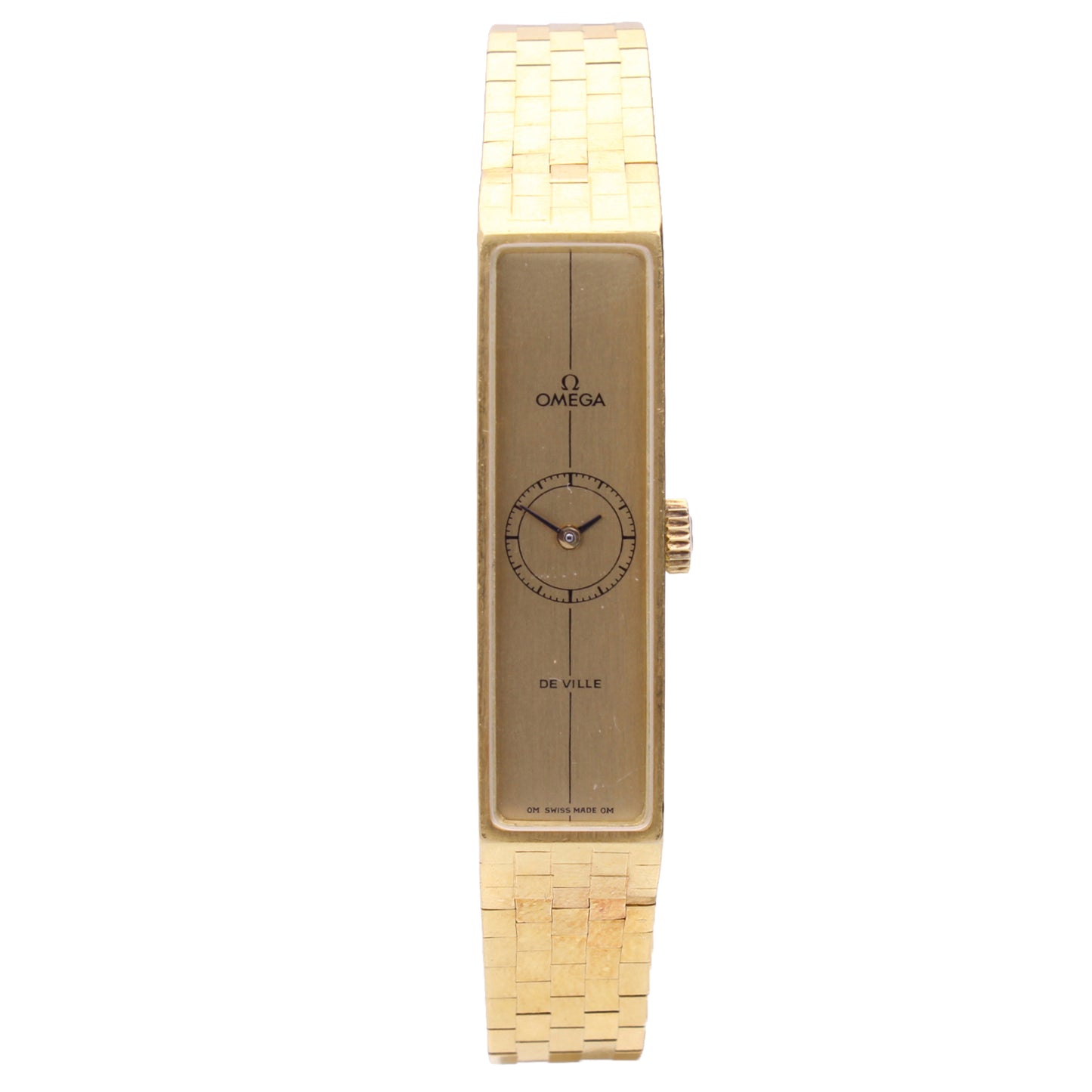 18ct yellow gold OMEGA rectangular cased De Ville bracelet watch. Made 1972