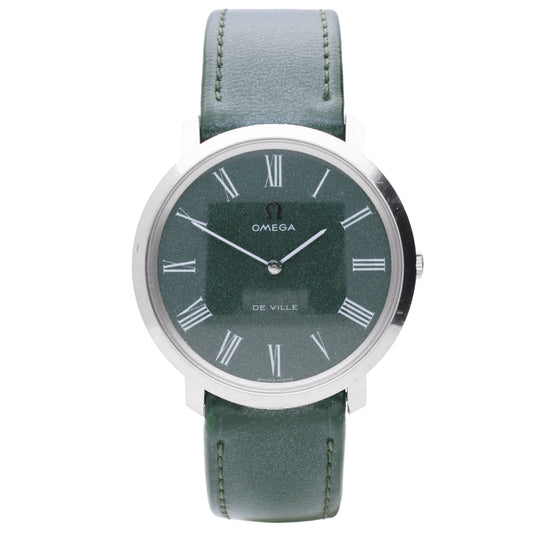 Stainless steel OMEGA DeVille wristwatch with green dal. Made 1968