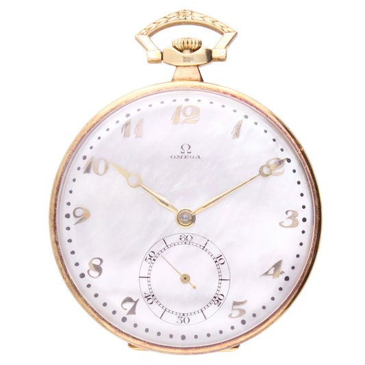 18ct yellow gold OMEGA open face pocketwatch with Mother of Pearl dial. Made 1928