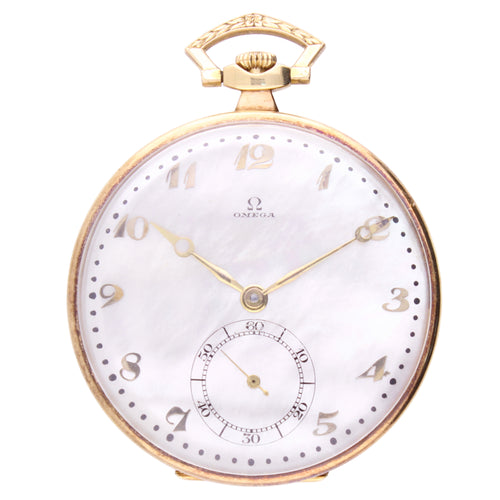 18ct yellow gold OMEGA open face pocketwatch with Mother of Pearl dial. Made 1928