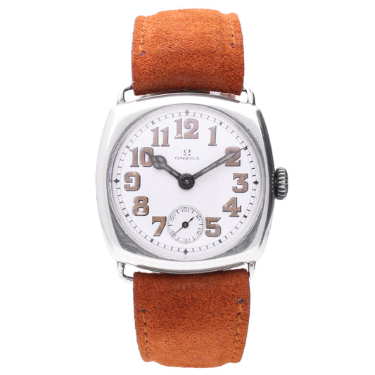 Silver OMEGA cushion case Art Deco wristwatch with enamel dial