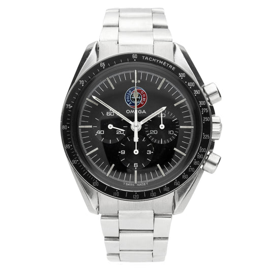 Stainless steel OMEGA, reference 145.022 Speedmaster 'Apollo Soyuz' chronograph wristwatch. Made 1976