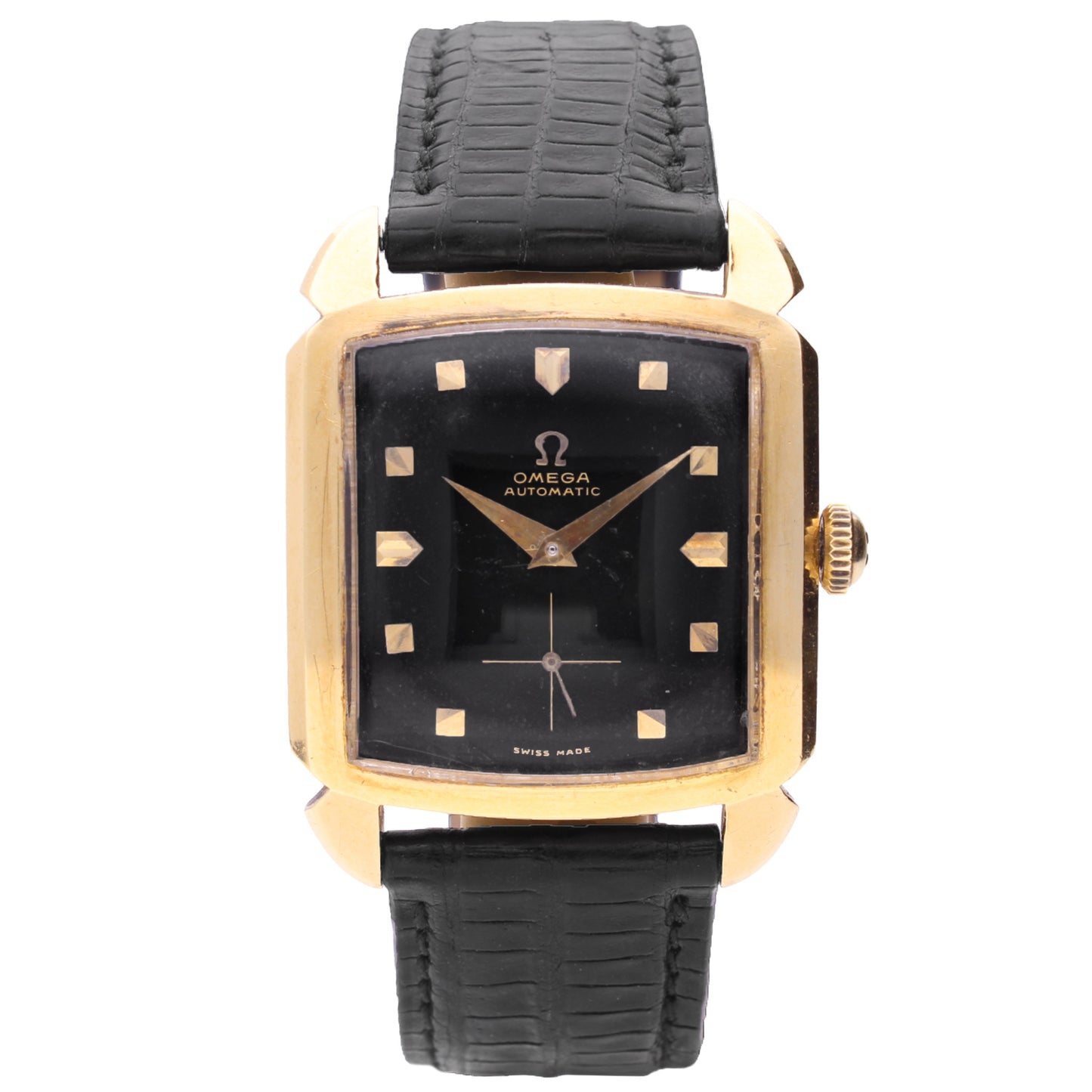 18ct yellow gold OMEGA Carré bumper automatic wristwatch. Made 1952
