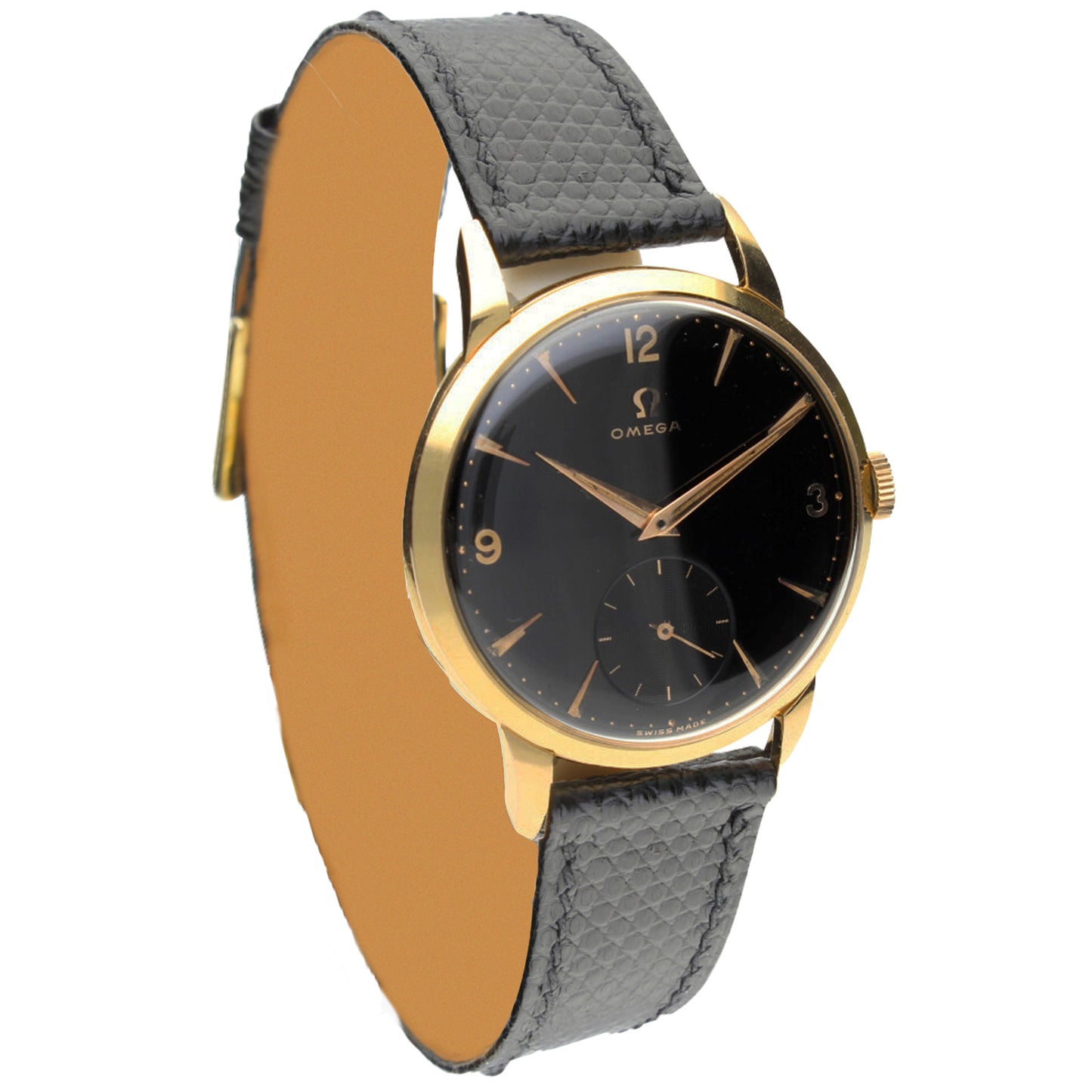 18ct yellow gold OMEGA black dial dress wristwatch. Made 1955