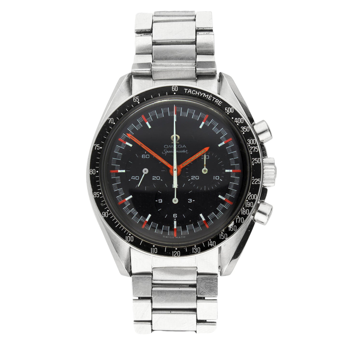 Stainless steel OMEGA ref. 145.012 Speedmaster  'Red Racing' chronograph wristwatch. Made 1968