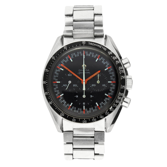 Stainless steel OMEGA, reference 145.012 Speedmaster,  'Red Racing' chronograph wristwatch. Made 1968