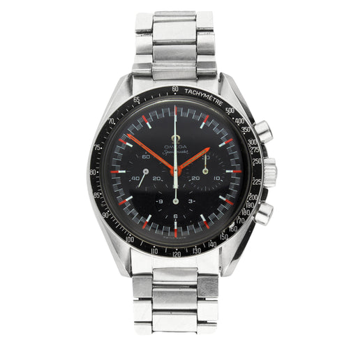 Stainless steel OMEGA ref. 145.012 Speedmaster  'Red Racing' chronograph wristwatch. Made 1968