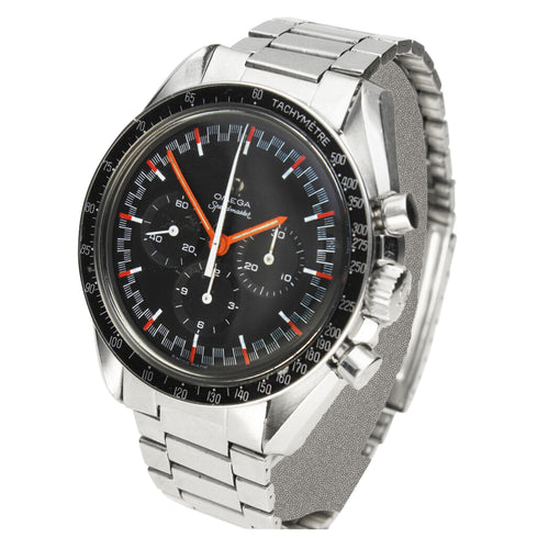 Stainless steel OMEGA ref. 145.012 Speedmaster  'Red Racing' chronograph wristwatch. Made 1968